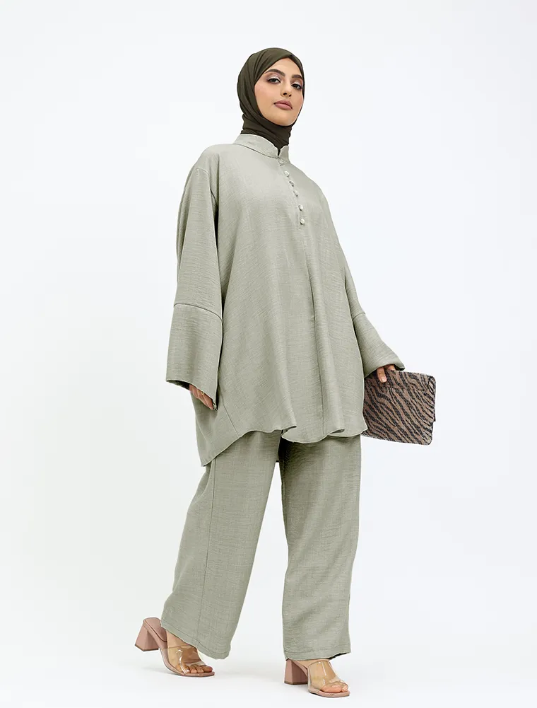 Khaki Linen Feel Button Detail Co Ord Set